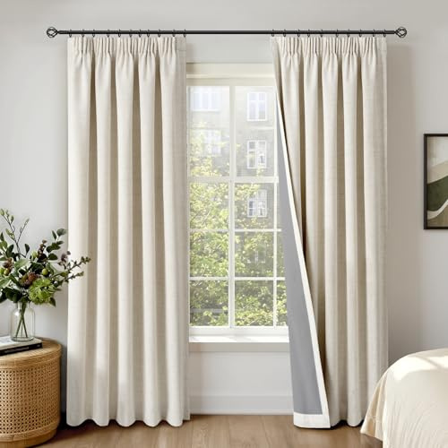 INOVADAY 100% Blackout Curtains for Bedroom 84 inch Drop, Thermal Insulated Curtains & Drapes Cream Pencil Pleat Curtains for Living Room with Coated Backing 2 Panels, 50 W x 84 L
