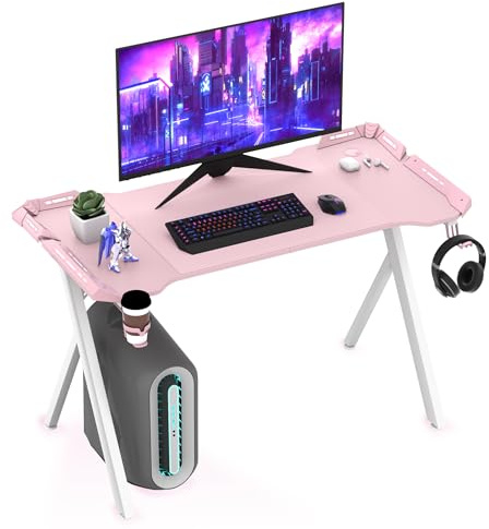 XMTECH Gaming Tisch Rosa mit RGB LED & Carbon Tischplatte, 120cm PC Schreibtisch, Computertisch, Y-förmige Beine, ergonomisch, Becherhalter, Kopfhörerhaken, für Gaming, Homeoffice & Streaming