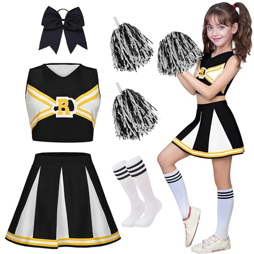 Cheerleader Kostüm Kinder Cheerleader Kostüm Mädchen Cheerleading Uniform Kleid Cheer Leader Outfit Kinder Faschingskostüme mit Haargummi Pompoms und Socken für Karneval Halloween Cosplay Schwarz 140