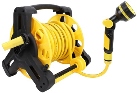 Hamwesh Avvolgitubo portatile da giardino con tubo dell'acqua da 15 m e 2 ugelli spruzzatori, portatile e montabile a parete, per giardinaggio, pulizia auto e irrigazione all'aperto