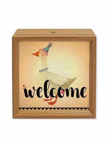 Wood Night Light Box 6.5x6.5in,Welcome Words Animals Gooses Table Lights Wooden Picture Frame with USB Rechargeable Touch LED Lights for Home Decor Desktop Display,Flowers Films Boundaries