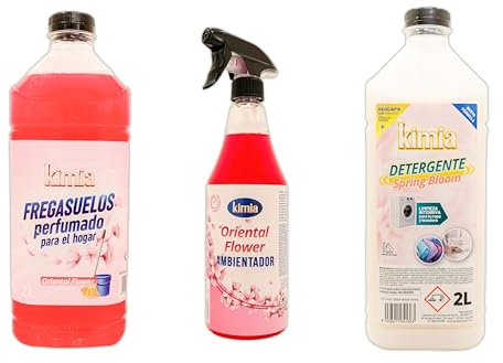 KIMIA Pack Full Spring – Kit de Limpieza Hogar y Cuidado Textil | Fregasuelos Oriental Flower 2L + Detergente Spring Bloom 2L + Ambientador de Tejidos y Estancias 750ml | Aroma Floral