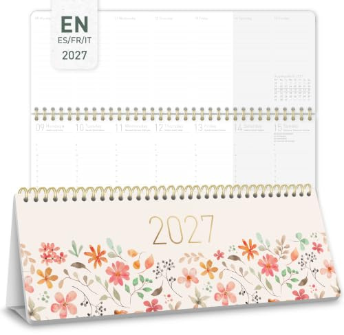 Häfft® Calendrier de bureau international 2027 horizontal Wild Blossoms | En anglais (+ FR/IT/ES), calendrier hebdomadaire avec support, jours fériés et conseils pratiques pour le quotidien