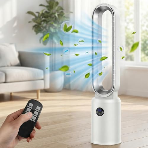MoraRise Bladeless Tower Fan with Anion Air Purifier, 97cm Cooling Fan with Remote, 24 Speeds, 90° Oscillation, 12H Timer, Ultra-Quiet Floor Fan for Home Office Bedroom (White/Silver)