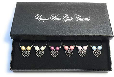 Libby's Market Place Pastel Colour Antique Hearts Wine Glass Charms with Gift Box