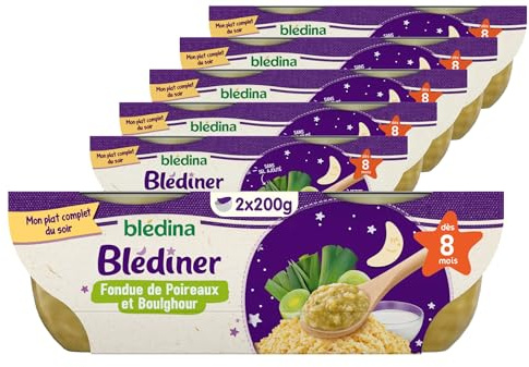 Blédina - Blediner - 12 bols - Fondue de Poireaux et Boulghour - Pour le Diner de bébé dès 8 Mois - Pack de 6x2