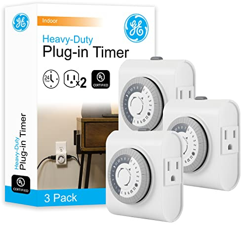 GE 24‑Hour Mechanical Outlet Timer Switch, Dual Grounded Plug‑in Control for Indoor Lighting, Lamps, Christmas Trees, Fans and Small Appliances (3 Pack), 66404