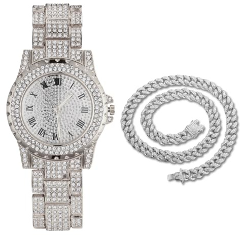 Halukakah Diamanter guldklocka iced out, män 18k äkta guld/platina vitguld pläterad 39 mm bred rund urtavla kvarts 22,5 cm, kubansk länkkedja 20 cm armband/45 cm halsband, med presentförpackning