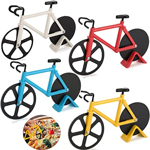 HirrWill cortador de pizza de bicicleta de acero inoxidable de 4 piezas, cortador de pizza de bicicleta con soporte, adecuado para amantes de la pizza, regalos geniales para hombres