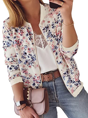 ECOWISH Veste bomber décontractée à fermeture éclair pour femme, col rond, léger, court, coupe-vent avec poche, motif floral/camouflage, Medium