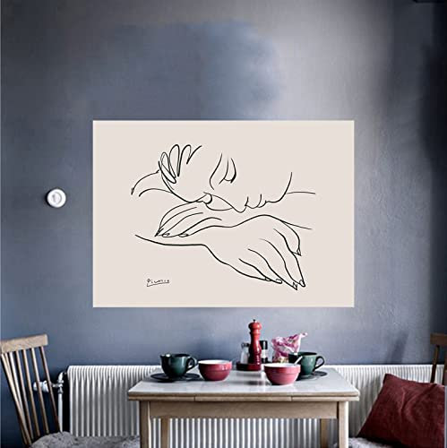 Hnyjyfa Pablo Picasso Poster niedlich abstrakt bunt Frau Gesicht Tanz Körper Kuss minimalistisch Wand Bilder schwarz weiß eine Strichzeichnung Gemäldeposter Friedenstaube Leinwanddruck 0621111