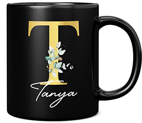 Personalised Letter T Floral Mug Initial with Name, Customised Gift, Gold Effect Printed Letter, NOT Metallic - Ceramic Coffee Cup for Men or Women, Extra Large and Giant Mug, 11oz Black Cup