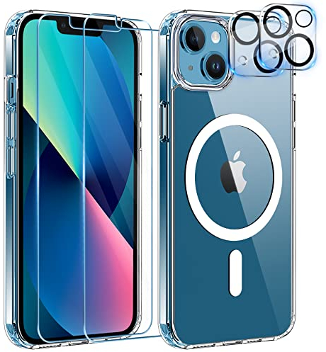 YisrLery 5-in-1 iPhone 13 Hülle für MagSafe mit 2 Stück Schutzfolie und 2 Stück Kameraschutz Militärnorm Schutz, PC Kratzresistente Rückseite Stoßfest TPU Bumper Magnetische Hülle 6,1'' (Klar)