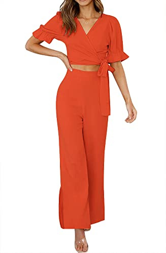 FANCYINN Set di 2 Pezzi per Donne con Scollo a V Profondo, Maniche a Sbuffo Corte, Top Crop con Legatura Incrociata e Lato Diviso e Pantaloni a Gamba Larga per L'Estate