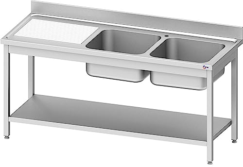 Cleiton® Fregadero de Acero Inoxidable de 2 Senos con Escurridor Izquierda 1600x600x850 mm Desmontable | Pica Industrial con patas | Pila Lavadero
