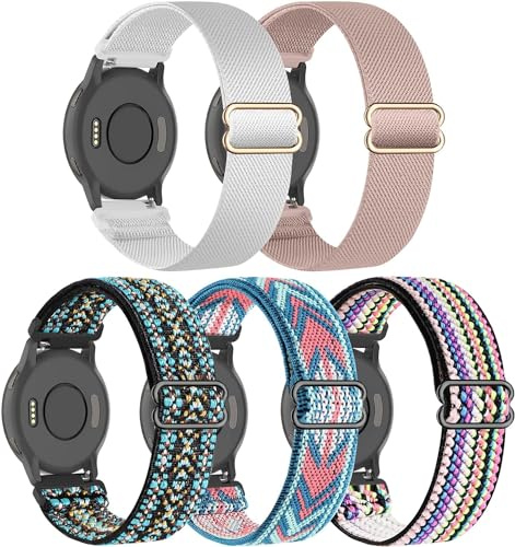 5 farbige 18 mm dehnbare Nylon-Uhrenarmbänder, kompatibel mit Garmin Venu 2S/Vivoactive 4S/Vivomove 3S, Schlaufen-elastische Stoffbänder für Garmin Forerunner 255S/255S Music Girl Women