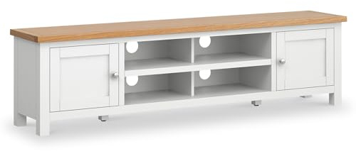 RoselandFurniture Farro White 180cm Extra Large TV Unit for Living Room | Fully Assembled, Television Cabinet with Oak Top, Painted Solid Wood Finish, Suitable for 65 Inch Screen, Contemporary Style