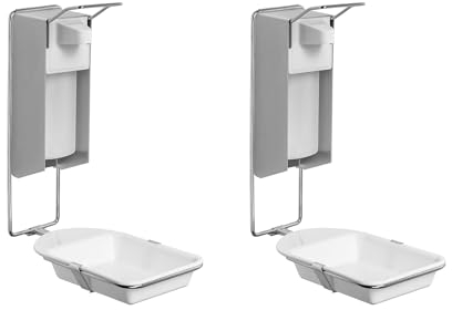 2x ARNOMED Desinfektionsspender mit Tropfschale, Aluminium Seifenspender für 500ml, Seifenspender zur Wandbefestigung mit kurzem Armhebel, Eurospender für Desinfektionsmittel, Soap Dispenser, Spender
