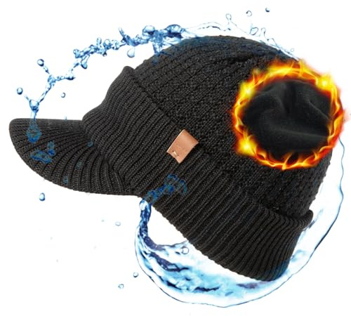 TOP-EX 50% Merinowolle Herren Damen Winter Strickmütze mit Schirm – wasserdichte Winddichte Schirmmütze, warm gefütterte Fleece Beanie für Outdoor, Running und kalte Tage, Schwarz M/L