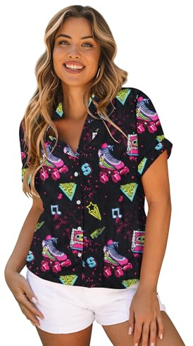 tiorhooe 80s 90s Hawaiian Shirt for Women Summer Retro Hawaiian Short Sleeve Shirts Ladies Vintage Button Down Tops
