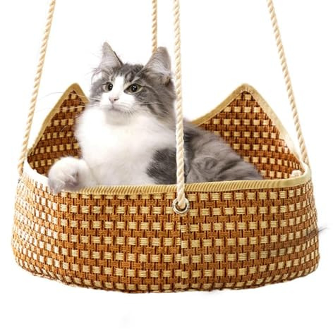 WYLFYJP Rattan-Katzennest, Hängematte, Hängendes Gewebtes Rattan-Katzennest, Atmungsaktives Kätzchenbett, Katzenkorb for Schlafen, Gemütlicher Kätzchen-Hängekorb, Platzsparendes Bett for Spielen
