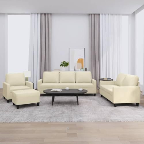 CINDERFUL 4-TLG. Sofagarnitur mit Kissen Creme Kunstleder,Cremefarbene KunstlederCouchgarnitur mit Sessel und Fußhocker für EIN luxuriöses Wohnerlebnis Möbel, Wohnzimmer