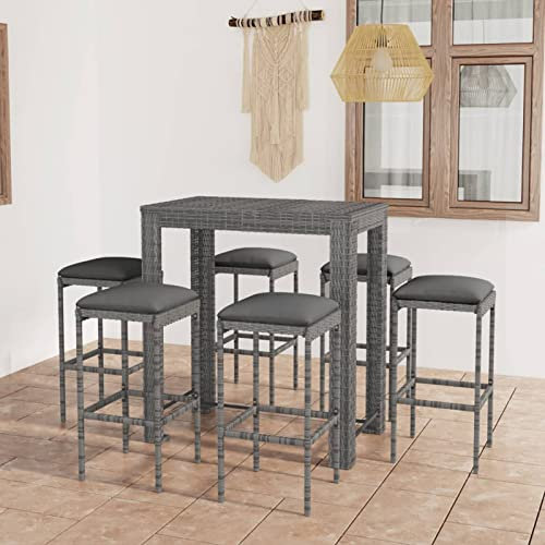 Brokky 7-TLG. Gartenbar-Set mit Kissen Bartisch Mit Barhocker Set Outdoor Stehtisch Garten Bartisch FüR Zu Hause Poly Rattan Grau 3064785