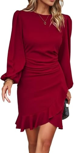 Haibang Robe Moulante à Manches Longues pour Femmes Elégante Robe Courte Vintage Ruffle Manches Robe d'affaires Sexy Chic Crayon Midi Robe pour Soirée Cocktail Party Formelle Travail Automne Hiver
