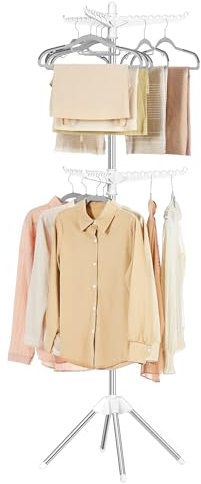 SONGMICS Clothes Airer, Clothes Drying Rack with 6 Rotatable Arms for Hangers, 4-Leg Indoor Folding Laundry Rack, Stainless Steel, for Clothes and Socks, 191 cm High, White and Silver LLR514W01