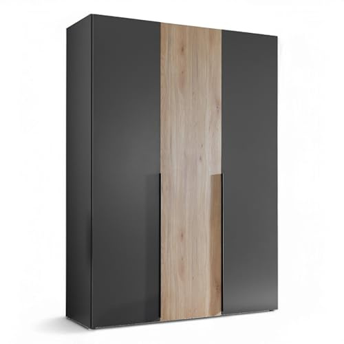 ASKA Kleiderschrank Schrank Drehtürenschrank Graphit Mauvella Eiche Optik | 150 x 210 x 53 cm (B/H/T), Schlafzimmer, 3-türig, Kleiderstange, mehrere Ablageböden, viel Stauraum