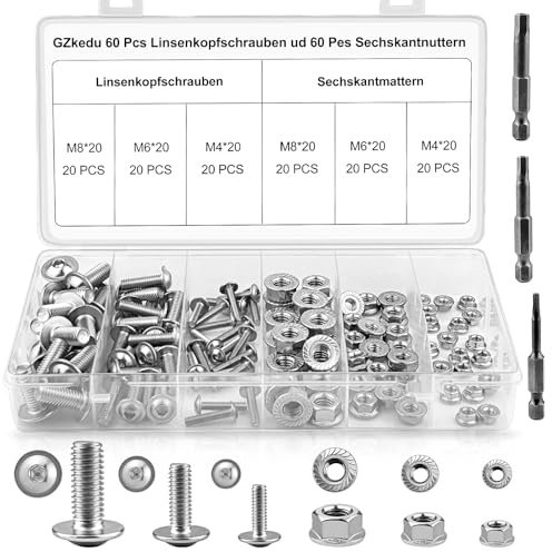 GZjiyu 60 Stück Linsenkopfschrauben M4/M6/M8, 60 Stück Selbstsichernde Muttern M4/M6/M8 mit 3 Innensechsrund und Kunststoff-Box, für Kleines DIY-Projekt, Großes Bauprojekt