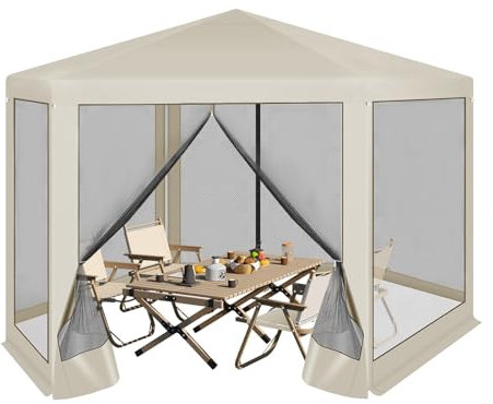 WOLTU Gazebo da Esterni, Pergolato da Giardino, Gazebo Pieghevole e Impermeabile, con Pareti Laterali a Zanzariera, Esagonale, per Campeggio, Feste, 3,8x3,3m, Beige
