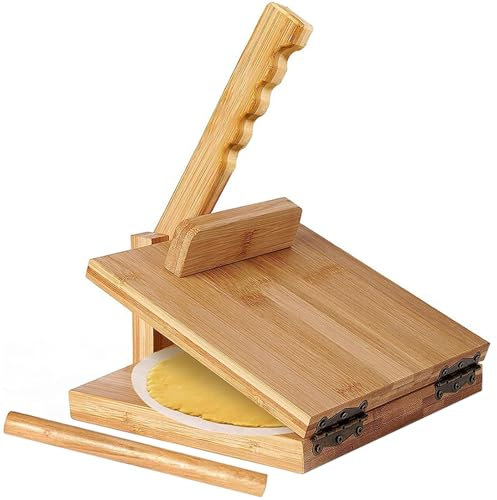 Obelunrp Tortilla prensa de 10 pulgadas, prensa de tortilla de harina de bambú giratoria, fabricante de chapati fácil de limpiar con alfileres de alfiler y pergamino para cocina, madera, 10 pulgadas