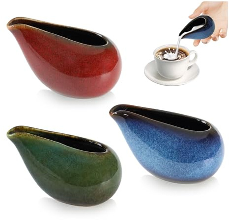 Kleine Sahnekännchen, glasierte farbige Sauciere mit Auslauf, Kaffee-, Milchkännchen-Spender für Soße, Tee, Marmelade, Salat, Dressing-Behälter (rot, blau und grün), 3 Stück