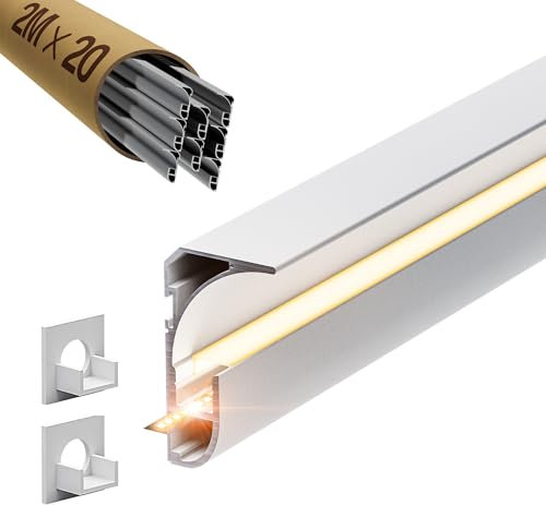 LASLUX Profilo LED Battiscopa 2M x 20, in Alluminio per Strisce fino a 9,6 mm, con Copertura, per Cartongesso e Piastrelle
