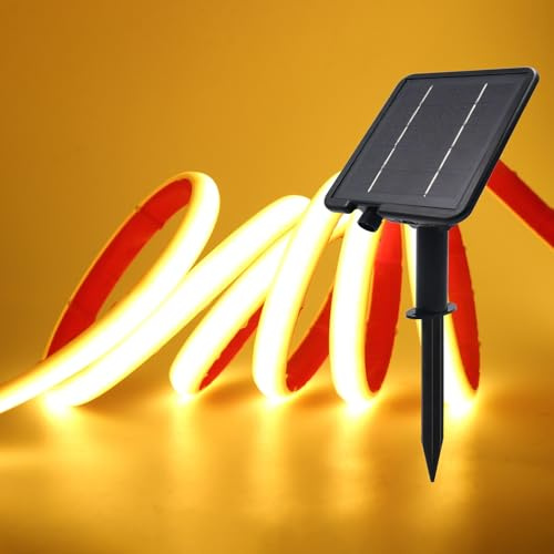XUNATA Solar Neon LED Strip, Solarbetriebene COB Neon LED Streifen Außen, 8 Modi, IP65 Wasserdicht, 320leds/m Diffusion Flex LED Schlauch Band für Garten, Terrasse, Balkon, Treppe (Warmweiß, 2M)