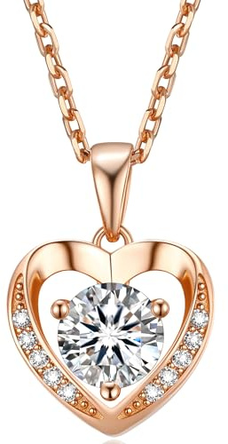 MomentWish Heart Necklace for Women, Bithday Gifts for Her, 0.5Carat Lab-Created Moissanite Necklace Diamond Rose Gold Plated 925 Sterling Silver Heart Pendant for Anniversary Christmas
