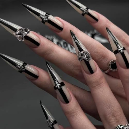 Nymora 24 Stück Press on Nails Lang Mandel Nägel zum Aufkleben Goth Schwarz Y2K Gothic Schmetterling Fake Nägel Jelly-Gel-Trage-Set, für Frauen Mädchen