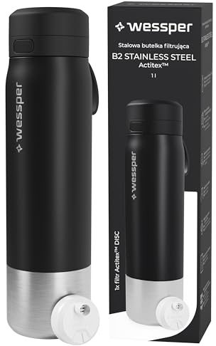 Wessper Gourde Filtrante, Bouteille d'eau en Acier Inoxydable avec Filtre Actitex Disc, 1 l, Filtre a Eau à Charbon, Réduit le Chlore, BPA FREE -Noir