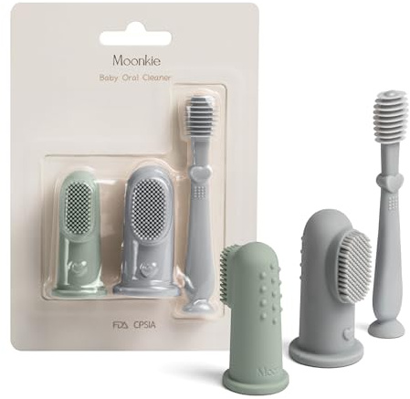 Moonkie Baby Finger Tandborste, Tung- och Oral Cleaner Set, 3+ Månader, 3-pack (Blå/Mint/Blå)
