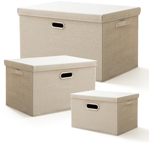 CHUNGG 3 PCS Large Fabric Storage Boxes with Lid, Wardrobe Organiser Cube Boxes with Handle with Lids, Bedroom Foldable Fabric Decorative Storage Box for Organising Shoes Toys Clothes Book Keepsake