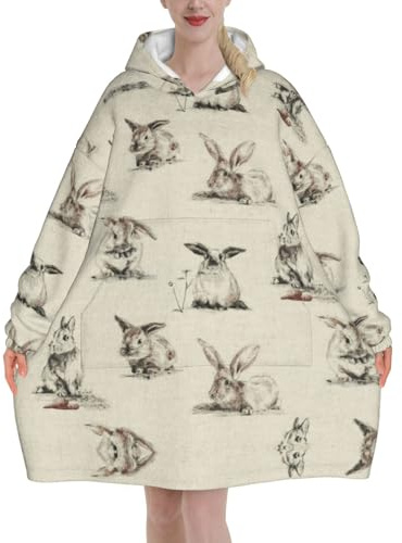 Zcmkjlg kanin bakgrund huva plysch bärbar filt för vuxna, mysig flanell myskläder med känguruficka, Svart, 320g flannel