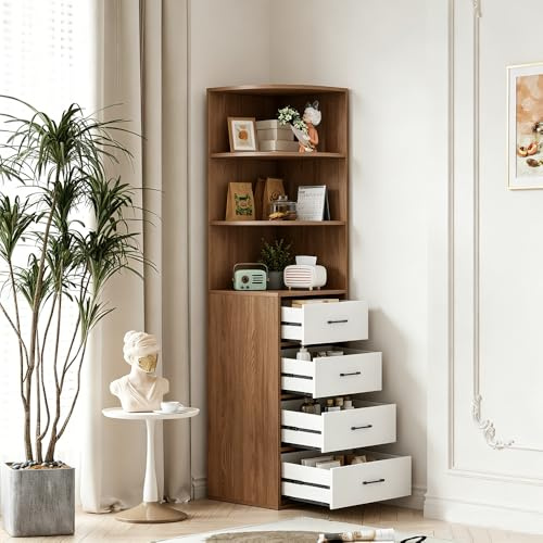 Rainbow Tree 3-Tier Shelves & 4 Drawers Corner Cabinet Brown for Living Room/Bedroom, Bathroom Corner Storage Cabinet, Reversible Drawer for Left/Right (Brown 4 Drawer 3-Tier Shelf:40×40×170cm)