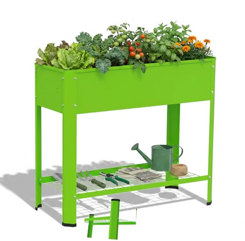 HENGMEI Jardinera elevada para jardín de metal con estante, robusta caja de cultivo para verduras y hierbas, ahorra espacio para balcón, ideal como espiral de hierbas y jardinera para balcón, 80 x 35