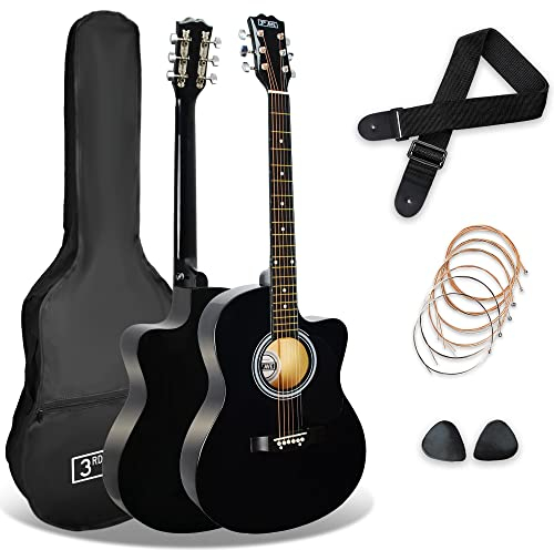 3rd Avenue Full Size 4/4 Cutaway Acoustic Guitar Pack Bundle for Beginners - 6 Months FREE Lessons, Bag, Strap, Picks and Spare Strings - Black