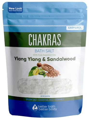 Chakras Bath Salt 32 Ounces Epsom Salt with Natural Ylang Ylang, Sandalwood, Eucalyptus, Frankincense, Chamomile and Cinnamon Essential Oils Plus Vitamin C in BPA Free Pouch with Easy Press-Lock Seal