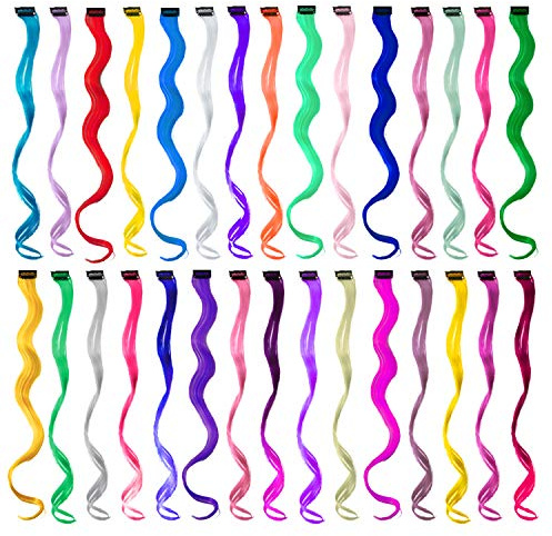 EuTengHao 30 Packs Colored Clip in Hair Extensions 22'' Colorful Curly Hair Extensions Clip in for Women and Kids Multi-Colors Party Highlights Streak Synthetic Hairpieces (30 Colors Set)