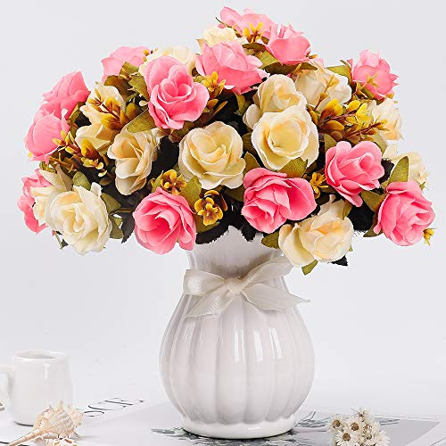 LESING Künstliche Kunstblumen mit Vase, Seidenrosen, Hochzeitsblumen, Blumensträuße, Zuhause, Büro, Party, Konferenzraum, Dekoration (Rosa-1)