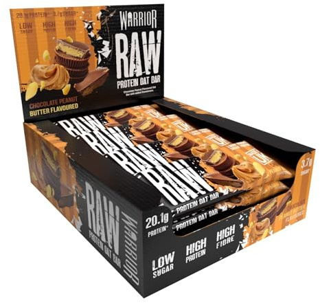 Warrior Raw Protein Bars – 12 x 75g High Protein Snack – High Fibre, Low Sugar – Ideal Meal Replacement or Healthy Nutrition Energy Snacks - Oat Bar Flapjacks – UK Made (Chocolate Peanut Butter)