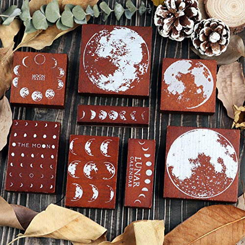 Dizdkizd Wooden Rubber Stamps, 8pcs Phases of The Moon Decorative Mounted Stamp, Vintage Seal with Changing Faces of The Moon for DIY Craft, Interest Research, Journal, Scrapbooking, Calendar